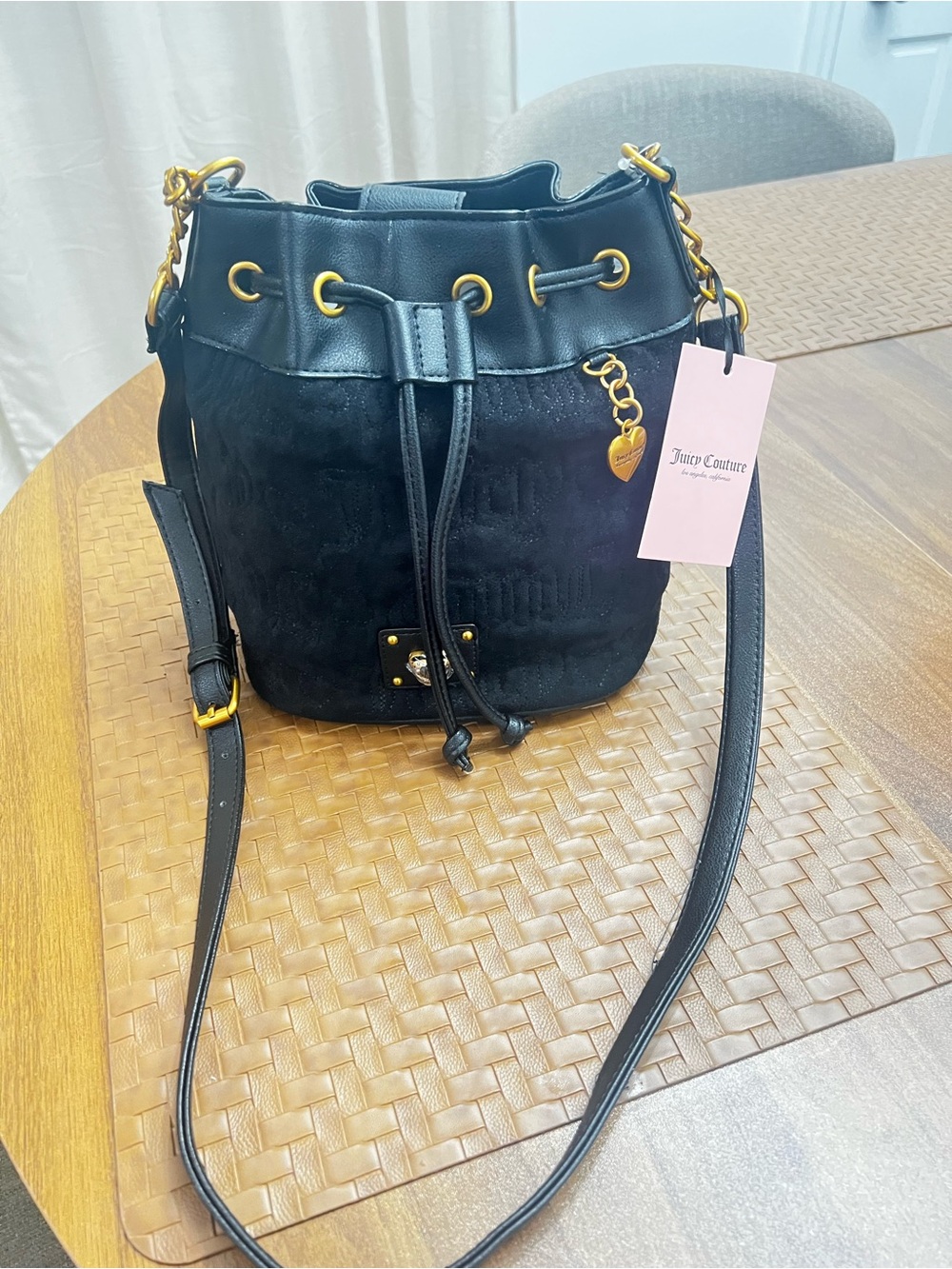 Juicy Couture Black Suede & Leather Drawstring Bucket Bag with Gold Hardware